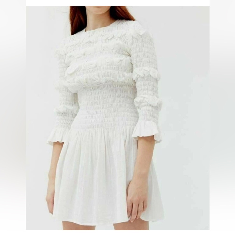 Tach Clothing Smocked Mini Dress White Size S Long Sleeve Cotton Stretch lined